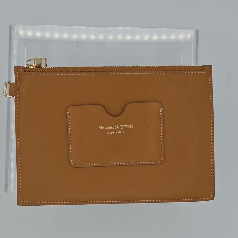 Alexander McQueen Smooth Leather Zip Pouch Clutch Bag Camel Tan Brown Made Italy